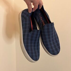 Rothys The Sneaker Navy Windowpane Blue Plaid Slip On Shoes Size 8.5